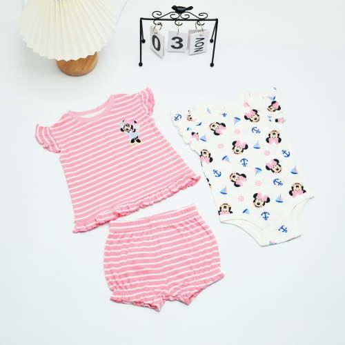 Disney Clothes Baby Girls 3-Piece Short Set – Minnie Mouse Outfit (White/Pink) – 6/9M