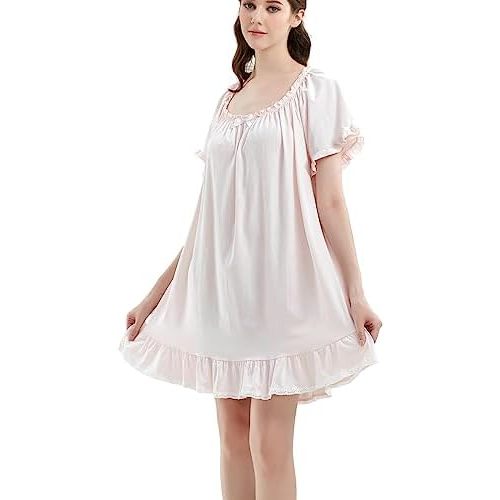 Women Cotton Nightdress Short Sleeve Vintage Nightgown Off the shoulder Loose Princess Dressing Gown