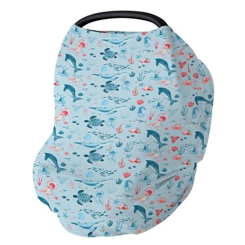 Cute Sea Animals Car Seat Cover for Babies Turtle Whale Jellyfish Sea Horse Stretchy 5-in-1 Cover Adjustable Car Canopy Breastfeeding Cover Ocean Marine Breathable Nursing Cover-Up