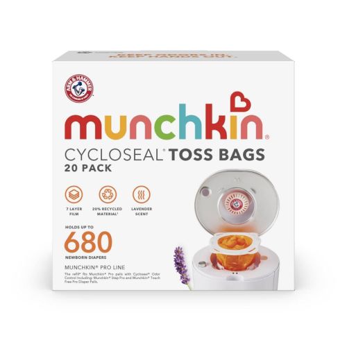 Munchkin CycloSeal Toss Bags for Step Pro and Touch Free Pro Diaper Pail Refill Bags, Lavender Scent - 20pk