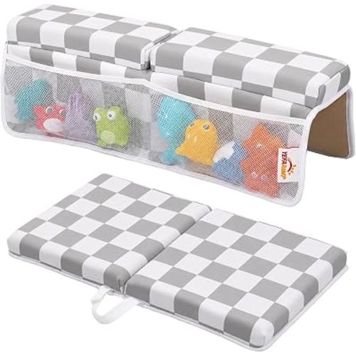 Bath Kneeler and Elbow Rest Pad Set - 1.5'' Thick Baby Bath Kneeler Pad, Foldable Memory Foam Kneeling Pad with 4 Toy Organizer Pockets, Quick Dry, Non-Slip, Checkered Pattern, Baby Bath Essentials