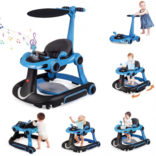 HONEY JOY Baby Walker, 7-in-1 Foldable Baby Bouncer and Rocker Combo, Infant Activity Center w/Canopy, Wheels, Adjustable Height/Speed, Music, Lights, Walker for Baby Boy Girl 7-18 Months (Blue)