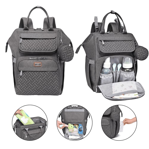 BabbleRoo Widetop Waterproof Diaper Backpack with Insulated Bottle Pockets, Polyester- Dark Gray