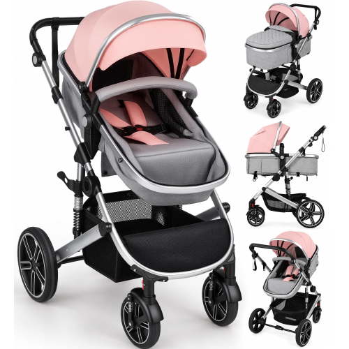 Vomeast Baby Stroller, Foldable Aluminum Alloy Stroller with Reversible, Travel Stroller for Newborn Infant, Pink & Gray