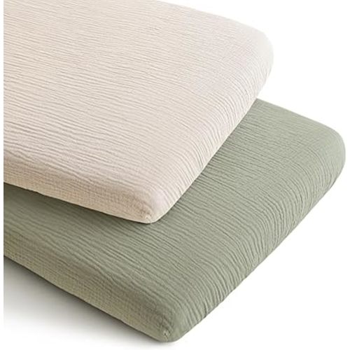 Konssy 2 Pack Muslin Bassinet Sheets for Boys, Girls, 100% Cotton Soft Breathable Fitted Bassinet Mattress Sheet, 32 x 16 inches (Fog Green,Cream)