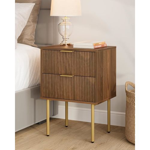 Masupu Night Stand,Mid-Century Modern Bedside Table with 2 Storage Drawer,Small Gold Frame Side End Table for Bedroom,Living Room, Walnut