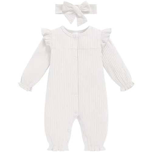 Newborn Baby Girl Fall Winter Romper Long Sleeves Ribbed One-Piece Outfits with Headband Coming Home Jumpsuit