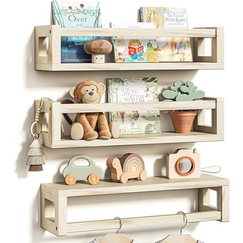 Sturdy Floating Shelves – Set of 3 Wall Bookshelves and Nursery Floating Shelves for Books, Toys, Kitchen, Bathroom, and Home Decor – Natural Poplar