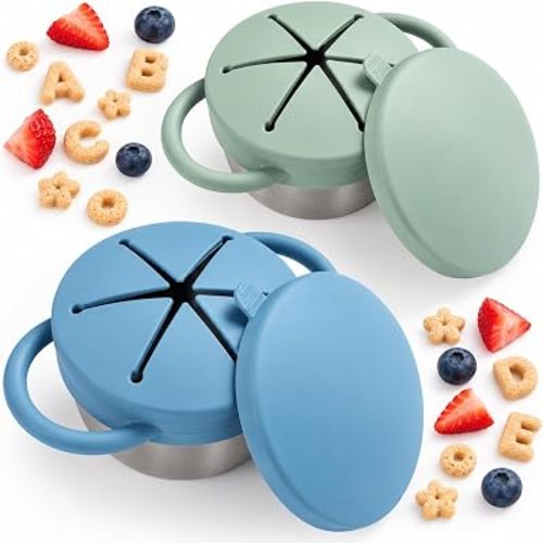 Bufilea Snack Containers for Toddlers, Stainless Steel Toddler Snack Cups with Silicone Food Catcher & Lids,Snack Cups for toddlers Spill Proof (Deep Blue & Matte Green)
