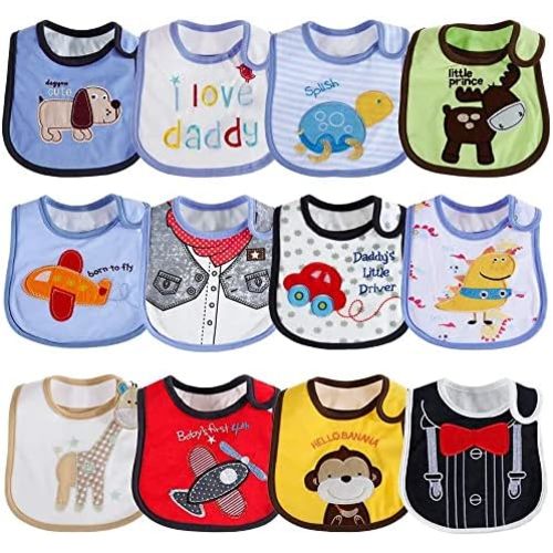 Lictin Baby Bibs 12 pcs Unisex Waterproof Baby Bibs, Waterproof Layer Absorbent Teething Dribble Drool Bibs for Boys Girls