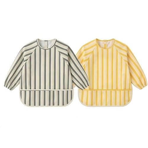 Long Sleeve Baby Bib – 2 Pack Waterproof Smock Bib for baby boys and girls from 6-24 Months - Premium Quality - BLW supplies – Washable, Scratch-Free, Extra Soft Made from Recycled Materials.