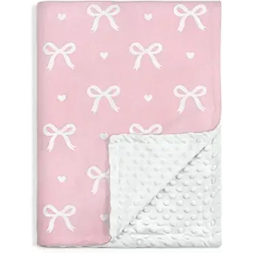 Bow Minky Baby Blanket 30 x 40 Inches for Girls, Soft Plush Receiving Blanket with Dotted Back, Gift for Toddler Newborn Infant Christmas Birthday Baby Shower