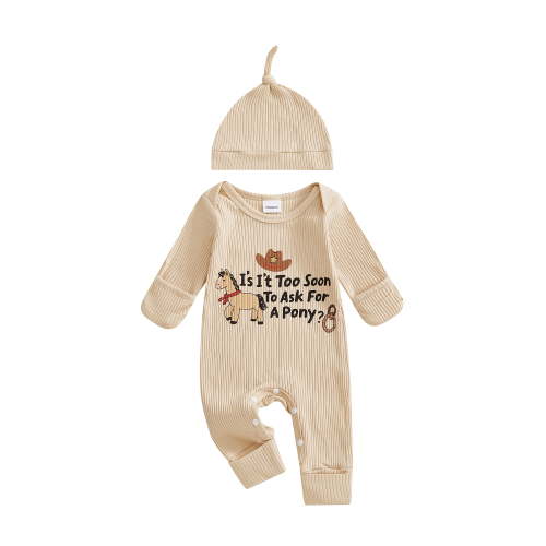BemeyourBBs Western Cowboy Baby Boy Clothes Newborn Jumpsuit and Hat Set Going Home Outfit Long Sleeve Letter Print Rib Knit Romper