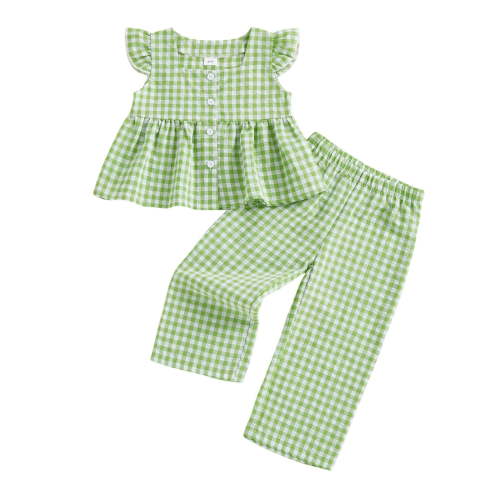 BLVB Baby Girls Summer 2 Piece Outfits Ruffle Sleeve Button up Tops Plaid Pants Spring Toddler Girl Clothes