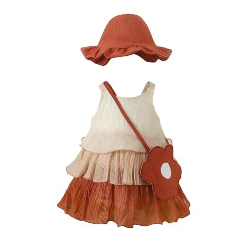Renotemy Infant Baby Girl Summer Dress Chiffon Ruffle Layered Sling Sundress Party Outfits with Hat and Bag for Toddler Girls