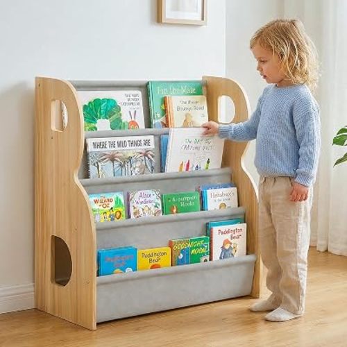 XiaZ Bookshelf for Kids Room Wooden Montessori Toddler Bookshelf Solid Pine B-Frame Child Book Shelf with Handle, Portable Double-Sided Kids Nursery Book Organizer Bookcase Easy Install for Kids Room