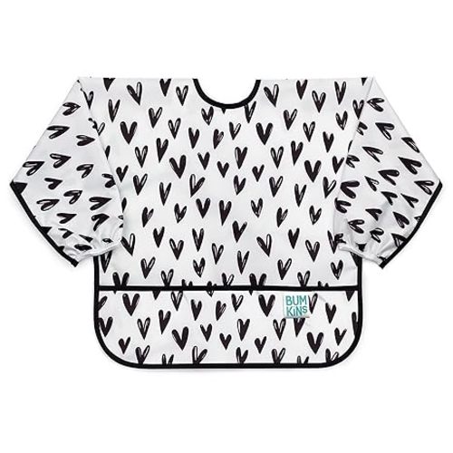 Bumkins Sleeved Bib for Girl or Boy, Baby and Toddler for 6-24 Months, Essential Must Have for Eating, Feeding, Baby Led Weaning Supplies, Long Sleeve Mess Saving Food Catcher, Hearts Black and White