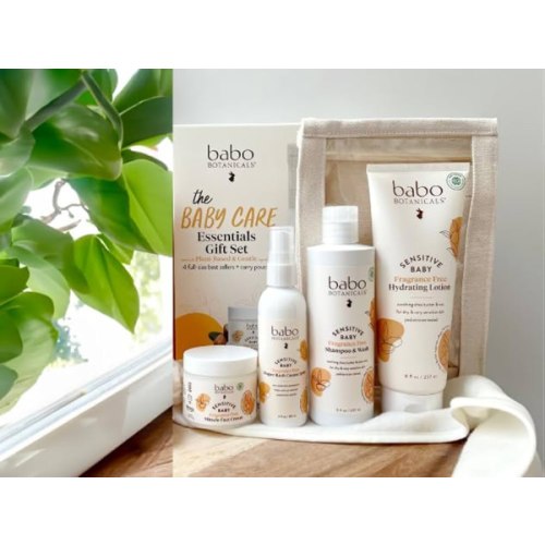 Babo Botanicals Baby Care Essentials Gift Set - Skincare, Bath & Diaper - For Delicate Skin, Fragrance-Free with Shea Butter, Includes Reusable Carry Pouch - Natural & Plant Based - 5 Items Set