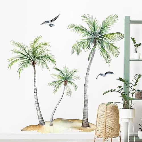 Supzone Watercolor Palm Tree Wall Decals Green Tropical Leaves Plants Boho Wall Stickers Peel and Stick Wall Art Decor for Living Room Bedroom Office Wall Gifts for Mom (Tree H: 44 inches/112 cm)