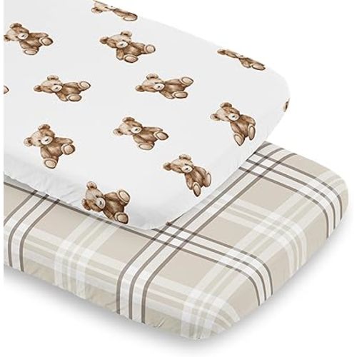 Sweet Jojo Designs 2-Piece Baby Bassinet Sheets Set (Boho Teddy Bear) for Boys/Girls, Infant Newborn Nursery, Oval, Rectangle & Hourglass Mattress (Taupe Plaid & Brown, Watercolor Wholesome Aesthetic)