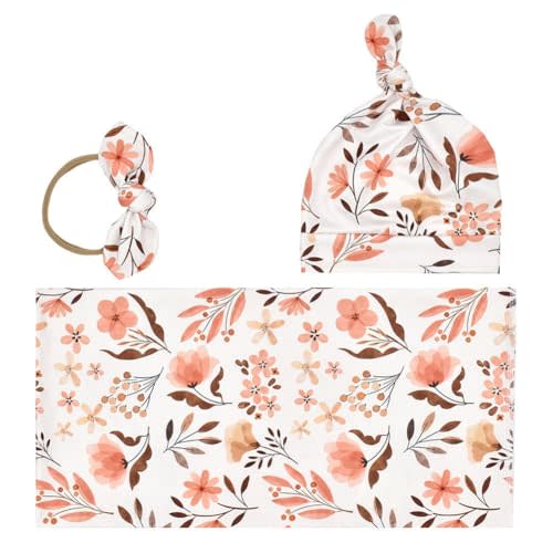BxuanW Newborn Swaddle Blanket Headband Hat Set Baby Girl Print Receiving Blanket New Born Hospital Outfit Infant Shower Gift 0-3 Months (Autumn Garden)