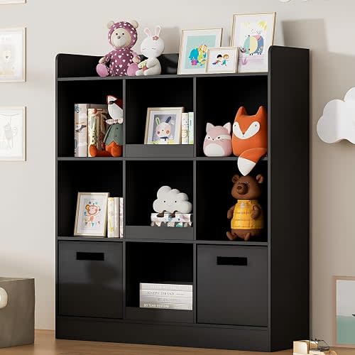 Kids Bookshelf with 9 Cube, Toy Storage Organizer with 2 Fabric Drawers, 3-Tier Freestanding Wooden Open Shelf Bookshelf, Modern Kids Display Bookcase for Bedroom, Living Room, Office, Black