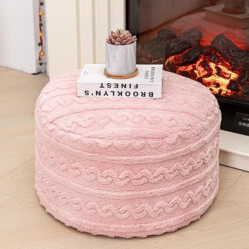 Pouf Ottoman Stuffed 20x20x12 Inches Floor Pouf Plush Fiber Ottoman Foot Rest Under Desk Foot Stool for Living Room Bedroom (Pink)