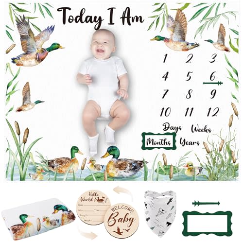 Mallard Duck Monthly Milestone Blanket for Baby Boy Flannel Newborn Infant Swaddle Growth Chart Photography Background with Baby Birth Signs, Felt Frames, Bibs