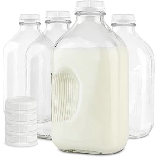 Amazon.com: Stock Your Home Liter Glass Milk Bottles (4 Pack) - 64-Oz Milk Jars with Lids - Food Grade Glass Bottles - Dishwasher Safe - Bottles for Milk, Buttermilk, Honey, Maple Syrup, Jam, BBQ Sauce : Home & Kitchen