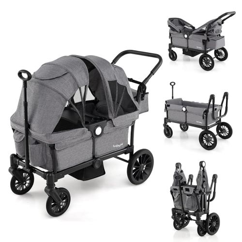 BABY JOY Wagon Stroller for 2 Kids, Collapsible Push Pull Double Stroller Wagon with Adjustable Handle Bar, Removable Canopy, Safety Harness, Cup Holder, Snack Tray & Storage Bag (Gray)