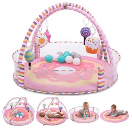 Angel Sar 4-in-1 Baby Play Mat and Activity Gym, Pink Donut Tummy Time Mat, Infant Activity Center for Newborns to Toddlers to Develop Motor Cognition