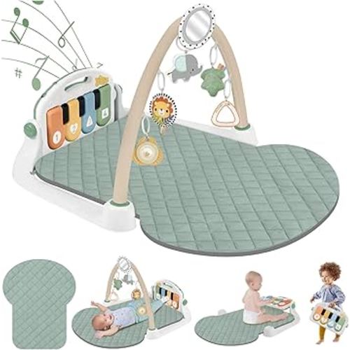Baby Play Gym with Kick and Play Piano, Baby Play Mat Tummy Time Activity Gym Mat with 5 Infant Sensory, Music & Lights Boy or Girl for Newborn 0 to 3 6 9 12 Months, Sage Quilted