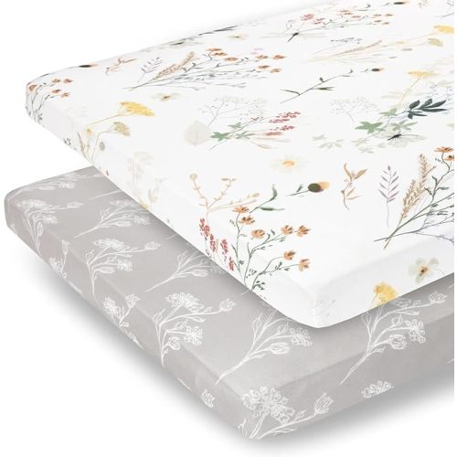 Pobibaby - 2 Pack Premium Pack N Play Sheets Fitted for Standard Pack and Plays and Mini Cribs - Ultra-Soft Jersey Knit, Stylish Floral Pattern, Safe and Snug for Baby (Wildflower)