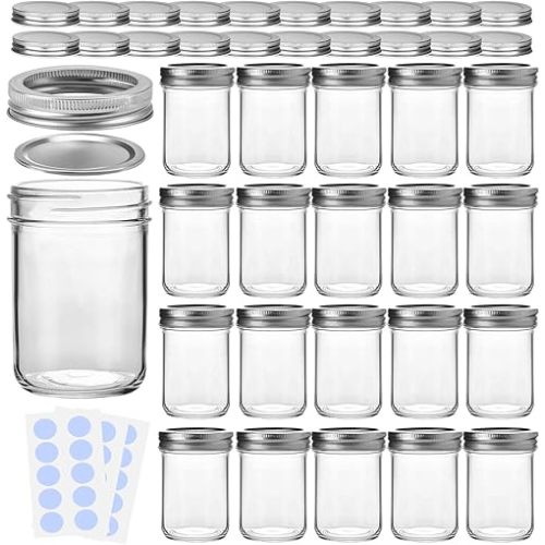 KAMOTA Mason Jars, 8 oz Glass Jars With Regular Lids and Bands, Ideal for Jam, Honey, Wedding Favors, Shower Favors, DIY Magnetic Spice Jars, 20 PACK, Extra 20 Lids & 30 Whiteboard Labels