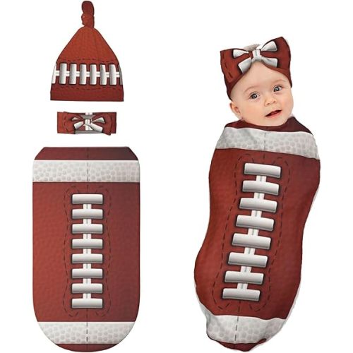Football Baby Stuff Swaddle Blanket with Headband and Beanie Set, Soft Newborn Swaddle Wraps Outfit Infant Shower Gift for Boys Girls
