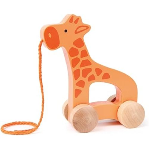 Hape Giraffe Wooden Push and Pull Toddler Toy, L: 5.3, W: 2.4, H: 5.9 inch, Orange