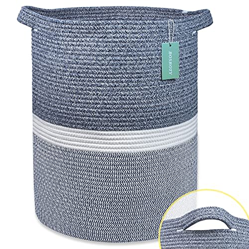 BOSROTY Large Blanket Basket, Nursery Hamper, Tall Laundry Basket 72L, Cotton Rope Woven Laundry Hamper for Storage Toys Clothes Towels, 16”x 22”, Blend Navy Blue & White