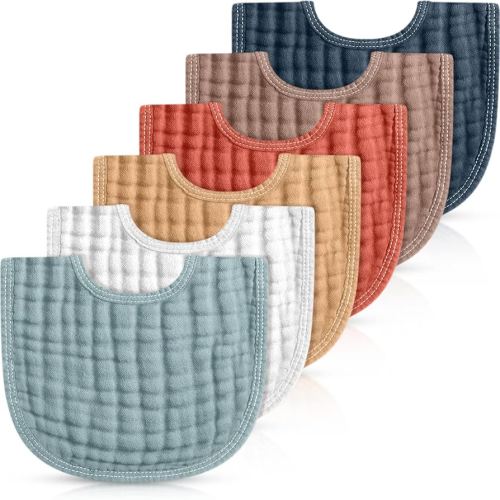 Frienda 6 Pcs Muslin Bibs Burp Cloths for Baby Teething Bandana Bibs 6 Absorbent Layer for Baby Boy Girl Cotton Burping Cloth(Cute Color)