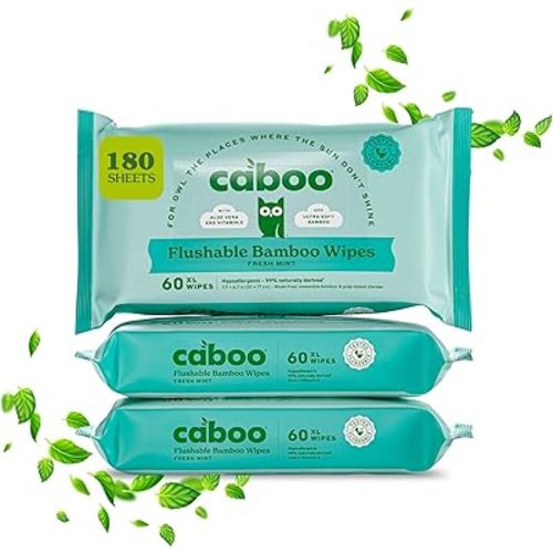 Caboo Mint Flushable Wipes, Certified Flushable, Septic Safe, Chemical Free, Biodegradable Wipes for Adults made with Renewable Bamboo Based Viscose (Pack of 3, Total of 180)