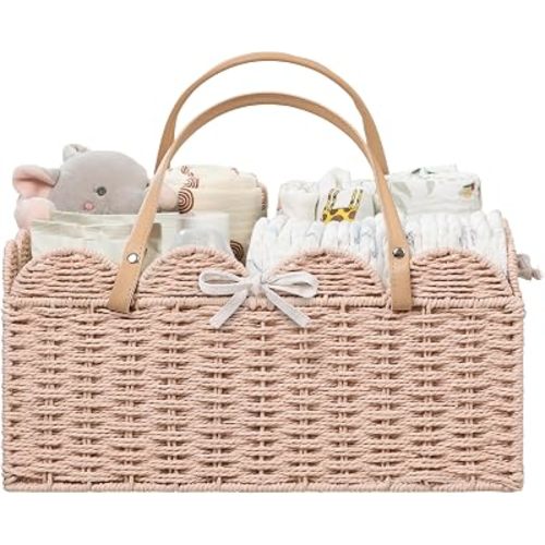 HBlife Baby Diaper Caddy, Paper Rope Storage Baskets Nursery Bin with Removable Divider, Portable Car Organizer for Diapers, Baby Shower Gifts, Newborn Essentials Must Haves