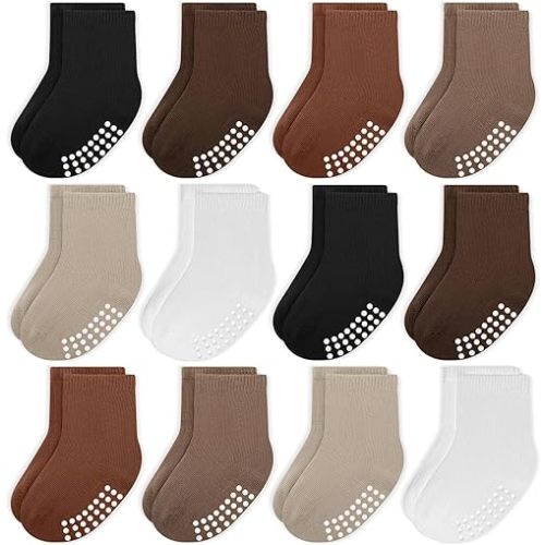 JAKIDAR 12 Pack Baby Toddler Socks Non Slip Grip Cotton Crew Socks for Boys Girls Infants Kids