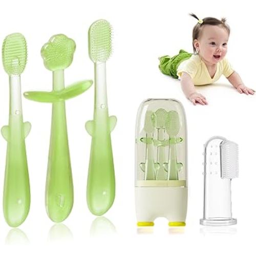 FOKiiBO Baby Silicone Toothbrush Set, Tongue Brush + Finger Toothbrush with Cup for Training Teething, 0-18M Infant Toddler Newborn Baby Teeth Brushes