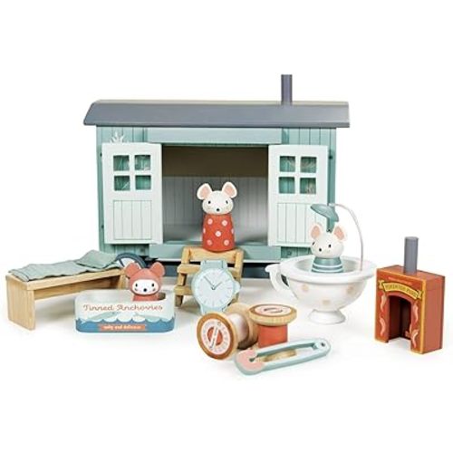 Tender Leaf Toys - Secret Meadow Shepherd’s Hut - Portable Furnished Wooden Shepherd’s Hut on Wheels with 11 Pcs Accessories and 3 Mice Dolls - Open-Ended Play and Story Tellings - Age 3+