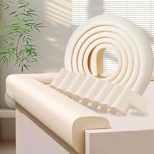 Baby Proofing Edge & Corner Protectors, 1 Roll White Foam L-Shape Self-Adhesive Bumper Strip + 8Corner Guards, Wall & Furniture Safety Bumpers for Nursery, Kitchen, Fireplace, Table, Desk
