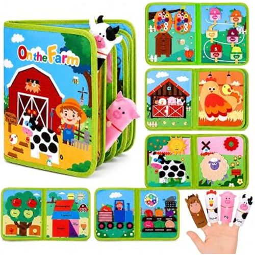 OCHIDO Busy Book for Toddlers 1-3, Montessori Farm Quiet Book with Finger Puppets, Soft Sensory Activity Book for Travel Learning, Christmas Birthday Gift for Boys & Girls