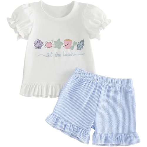 fhutpw Toddler Baby Girls Summer Clothes Smocked Short Sleeve T-Shirt Tops Ruffled Plaid Short Sets Cute Outfits 2Pcs