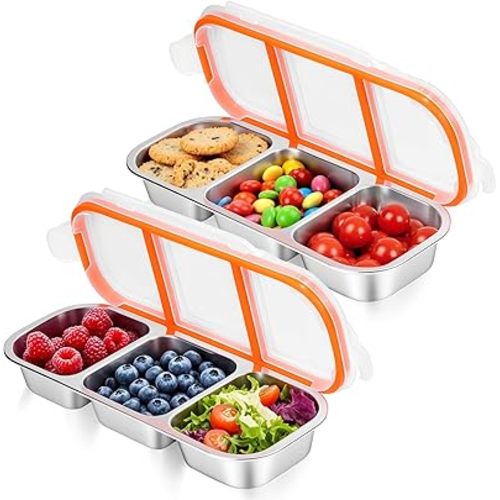 2 Pack Stainless Steel Snack Containers - Reusable 3 Compartment Snackle Box Container with Lids for Kids Adults, Divided Snack Food Storage Containers for School, Home, Travel