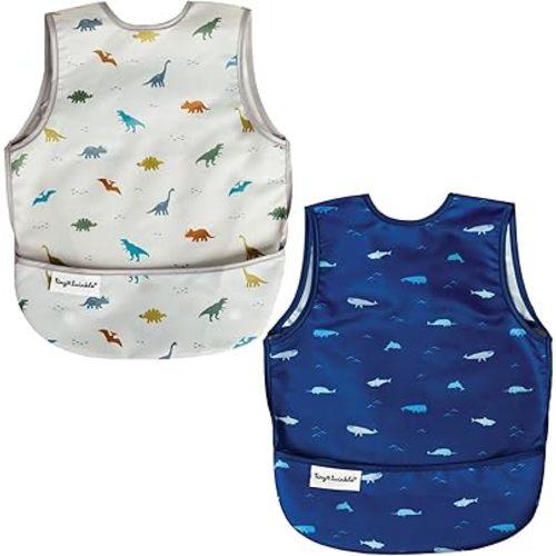 Tiny Twinkle Mess Proof Baby Bibs | 2 Pack Waterproof Toddler Bib for Eating | Baby Apron for Feeding, Machine Washable, Perfect Shower Gift (Dinosaur,Ocean Life, 6–24M)