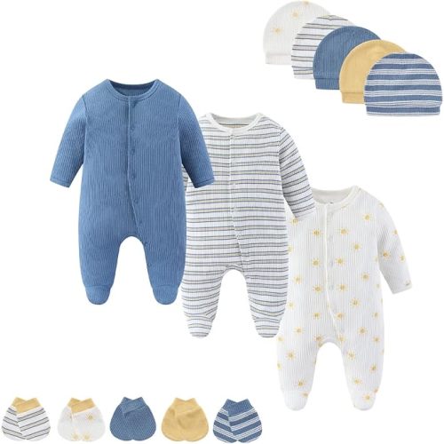 Baby Boy Girls Clothes 2-Way Zip Footed Long Sleeve 100% Cotton,Newborn Caps and Scratch Mittens Set 0-6 Months