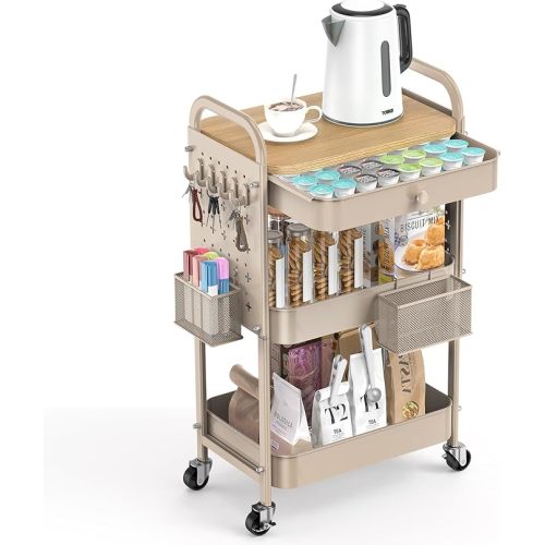 ALVOROG Rolling Cart with Drawer and Wood Table Top, 3 Tier Metal Rolling Utility Cart on Wheels with DIY Pegboards, Hanging Baskets, Hooks for Kitchen, Bedroom, Office, Craft Supplies